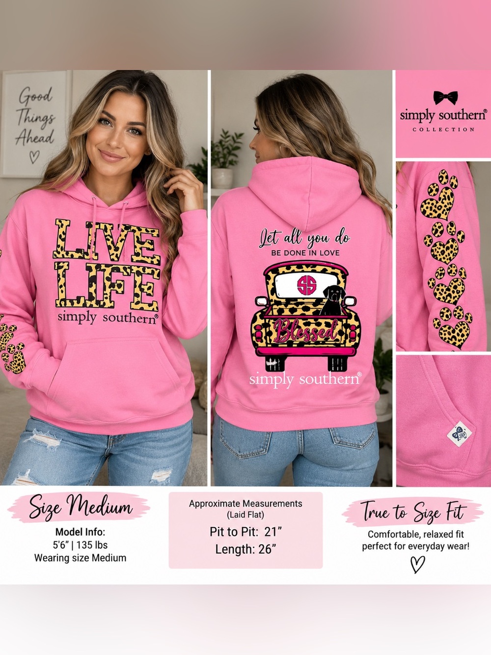 Simply Southern Pink Leopard “LOVE LIFE” Hoodie – NWT – Size M